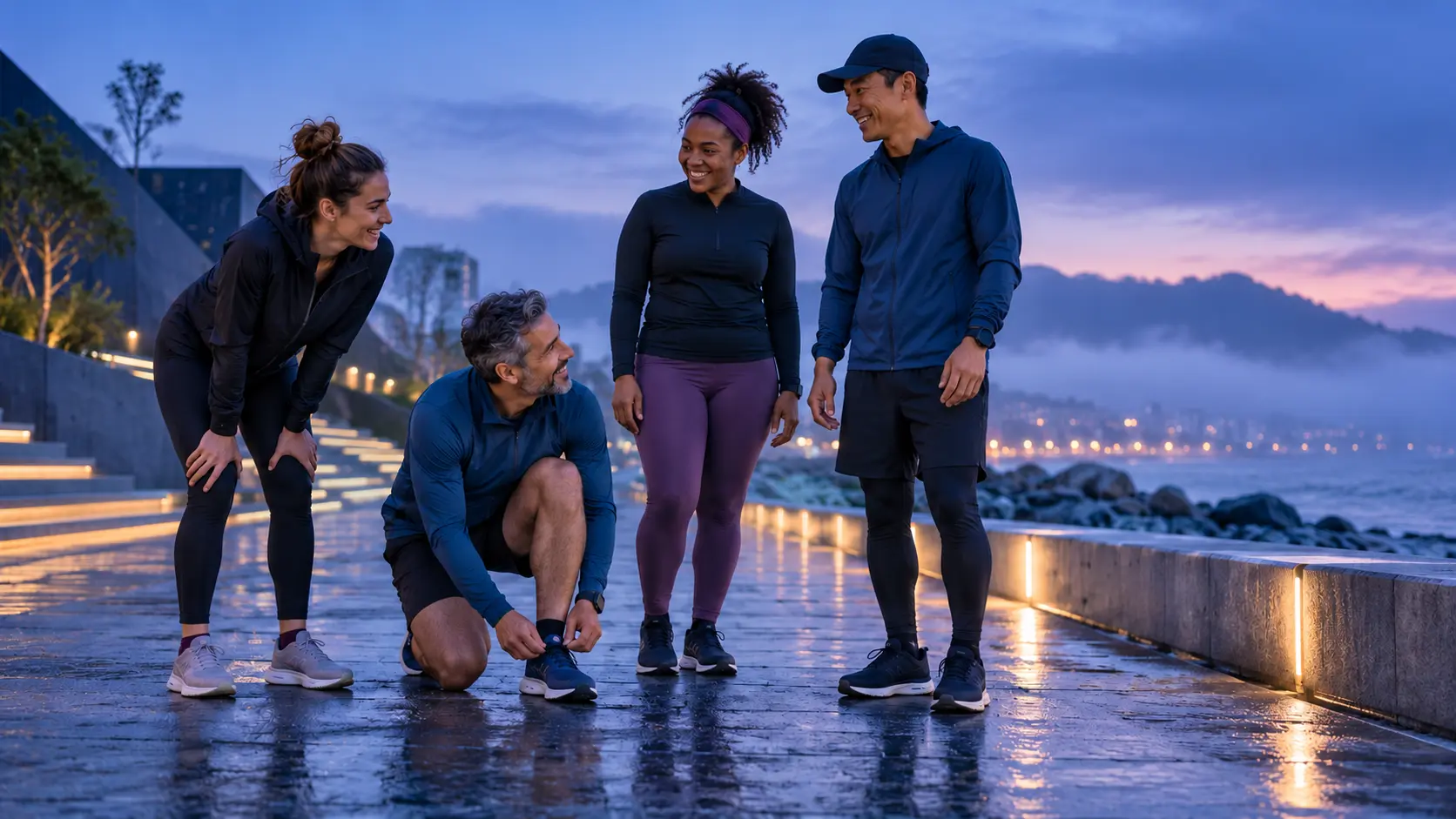 Quatre adultes de générations et de profils différents échangent après une activité physique sur une promenade au lever du jour