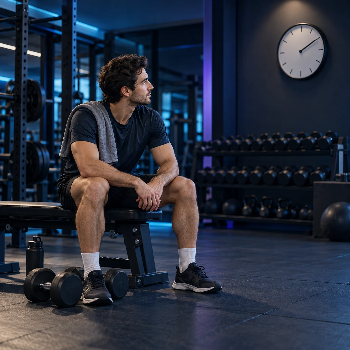 Un sportif assis sur un banc entre deux séries regarde une horloge dans une salle bleu nuit