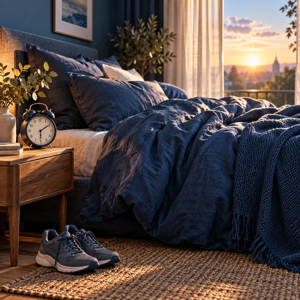 Une chambre bleu nuit éclairée par le soleil du matin, avec un réveil sur la table de chevet et des chaussures près du lit