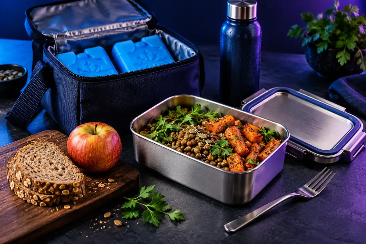 Boîte repas de lentilles et carottes, pain et pomme, près d’un sac isotherme avec deux blocs réfrigérants.