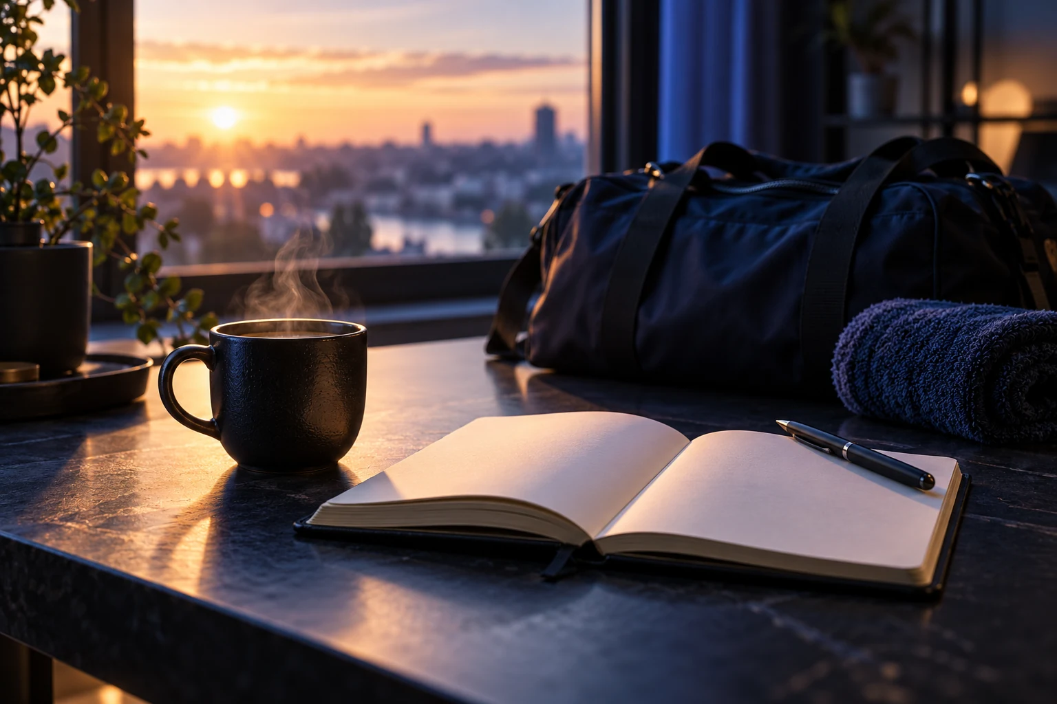 Une tasse de café fumant et un carnet ouvert devant un sac de sport, à la lumière du matin